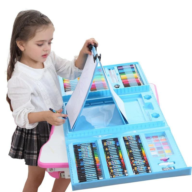 حقيبة الرسم الفني للاطفال - 208 قطعة (أزرق)+ رول تلوين هدية - KIDSBOX
