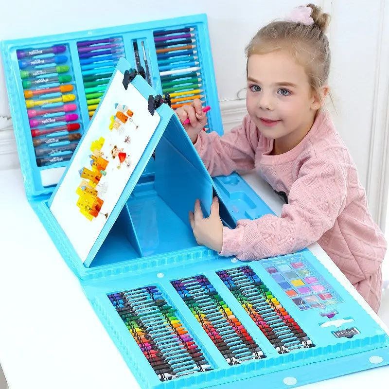 حقيبة الرسم الفني للاطفال - 208 قطعة (أزرق)+ رول تلوين هدية - KIDSBOX