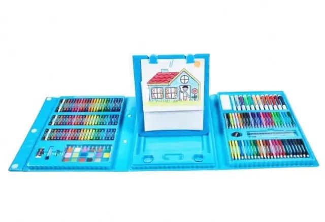 حقيبة الرسم الفني للاطفال - 208 قطعة (أزرق)+ رول تلوين هدية - KIDSBOX