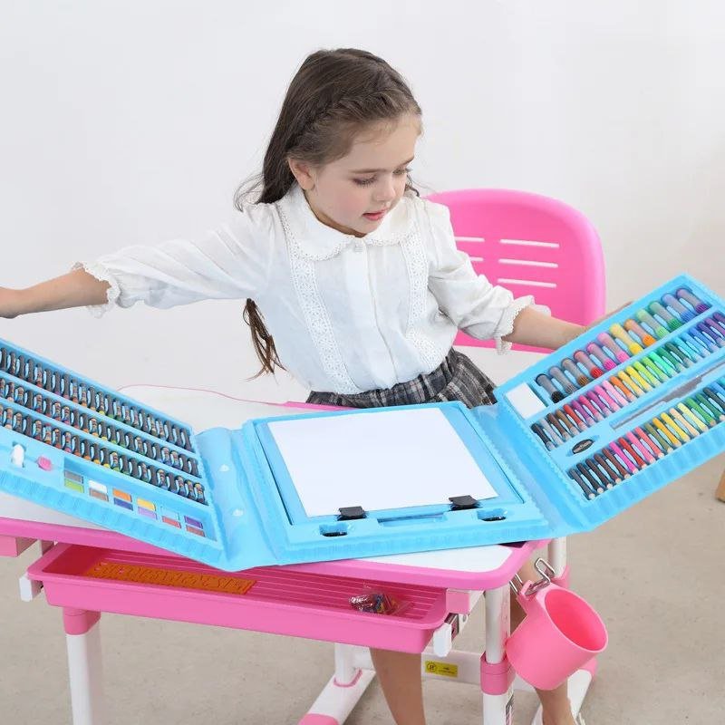 حقيبة الرسم الفني للاطفال - 208 قطعة (أزرق)+ رول تلوين هدية - KIDSBOX