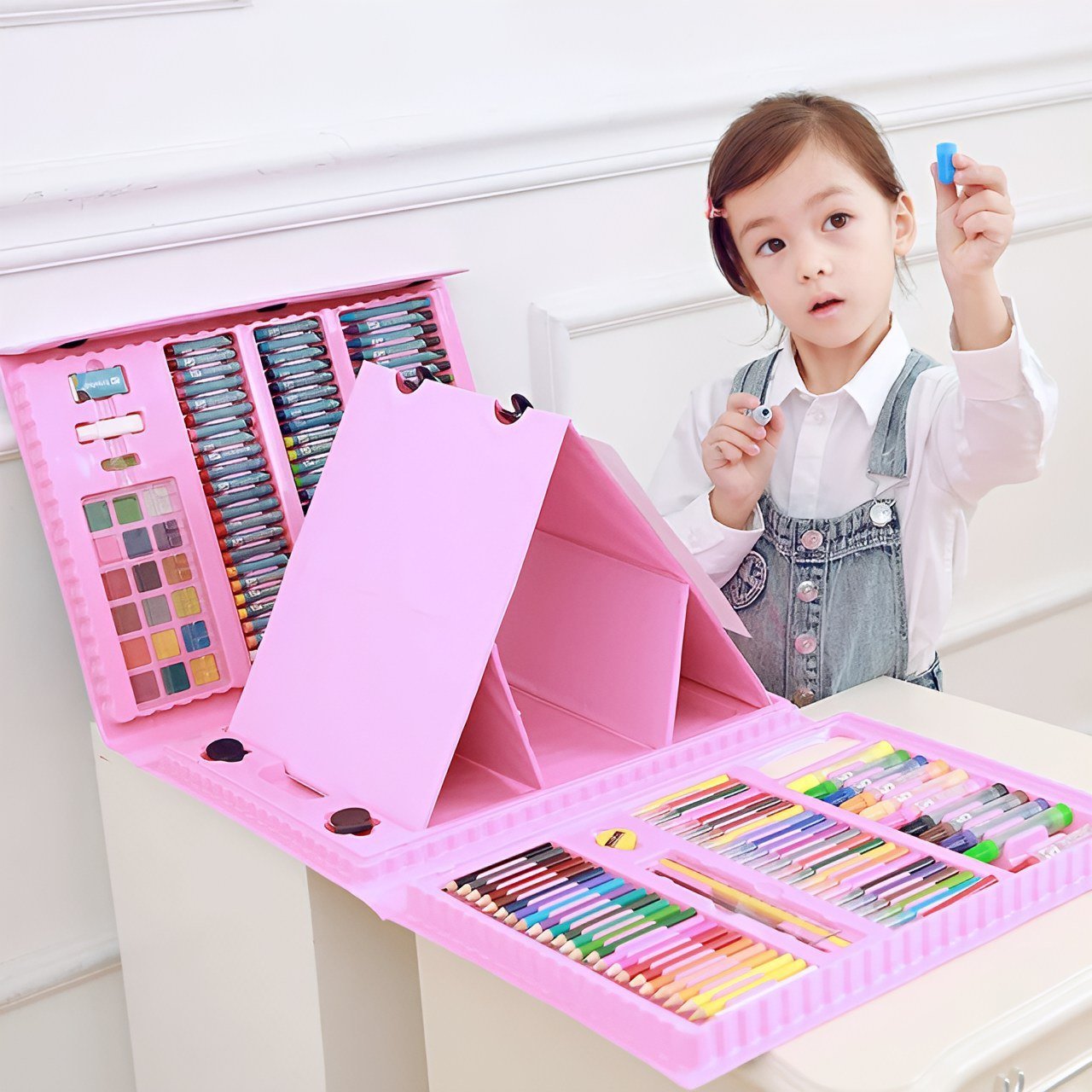 حقيبة الرسم الفني للاطفال - 208 قطعة (زهري)+ رول تلوين هدية - KIDSBOX