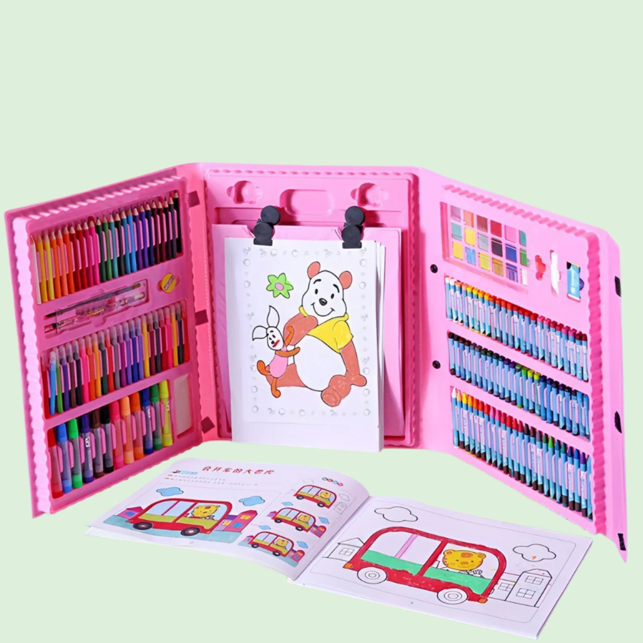 حقيبة الرسم الفني للاطفال - 208 قطعة (زهري)+ رول تلوين هدية - KIDSBOX