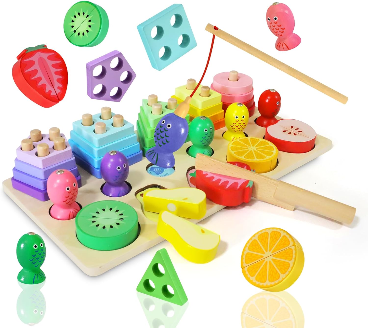 تطابق الاشكال و صيد الاسماك مزودة باشكال الفواكة الخشبية 3in1 - KIDSBOX