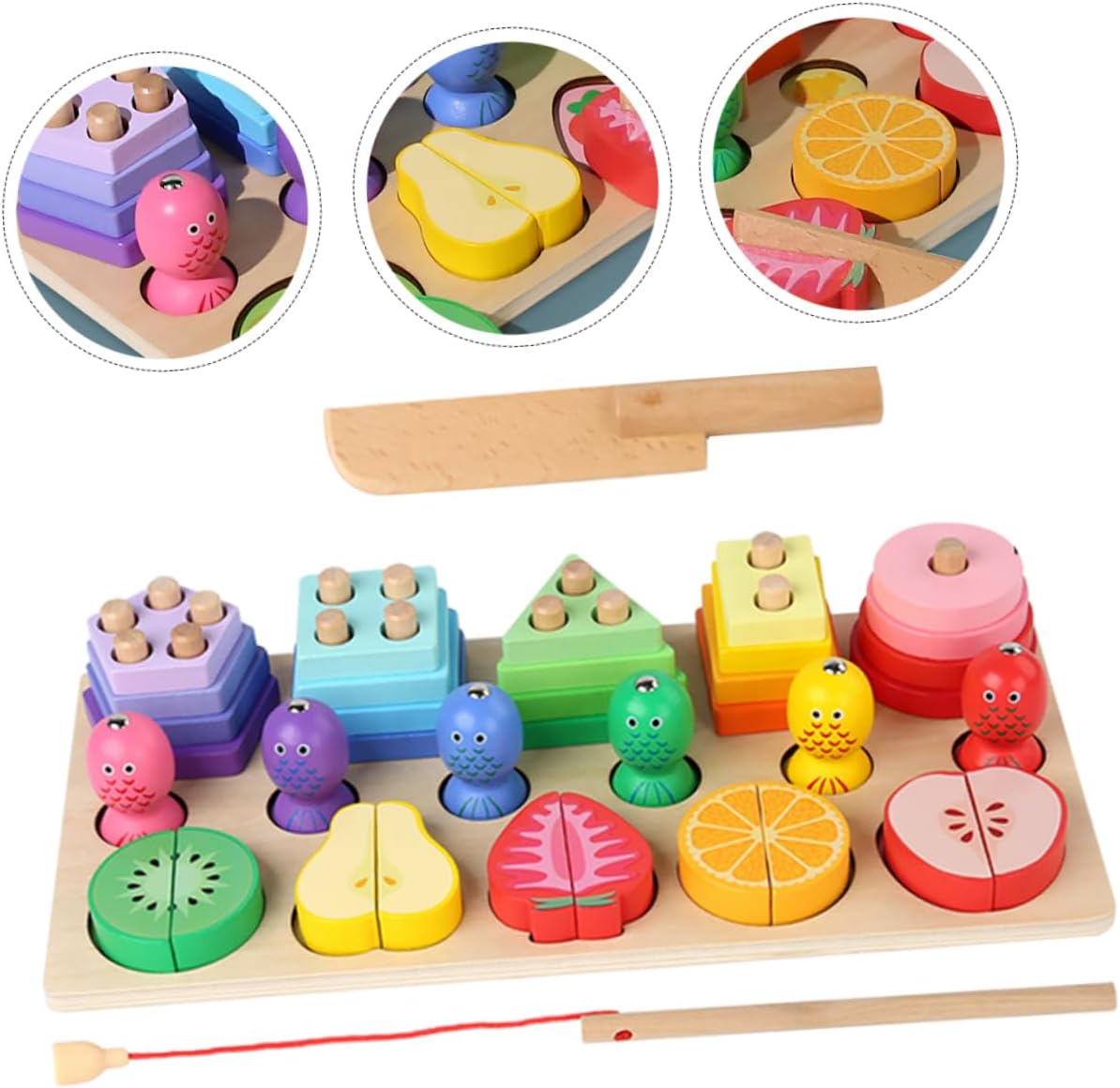 تطابق الاشكال و صيد الاسماك مزودة باشكال الفواكة الخشبية 3in1 - KIDSBOX