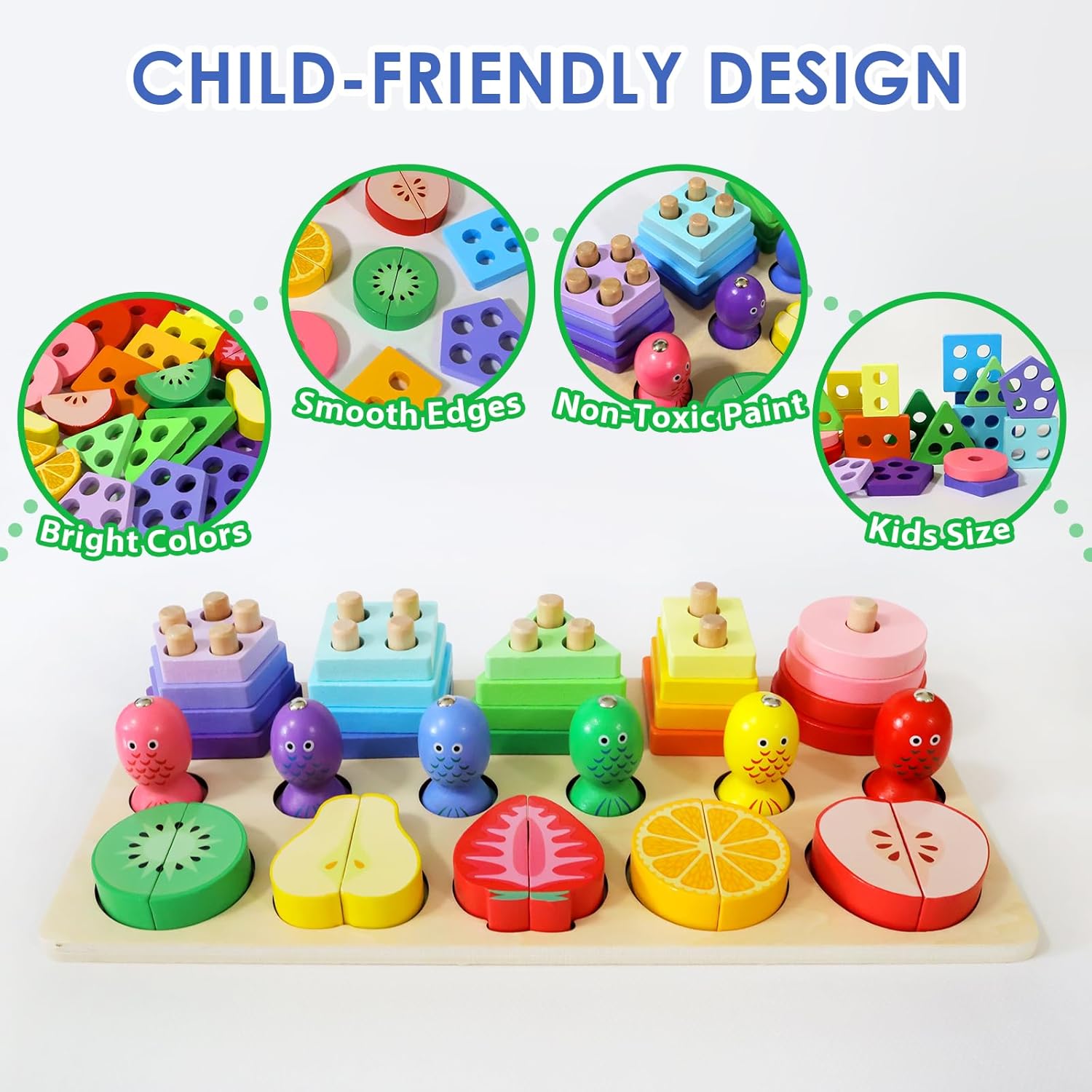 تطابق الاشكال و صيد الاسماك مزودة باشكال الفواكة الخشبية 3in1 - KIDSBOX