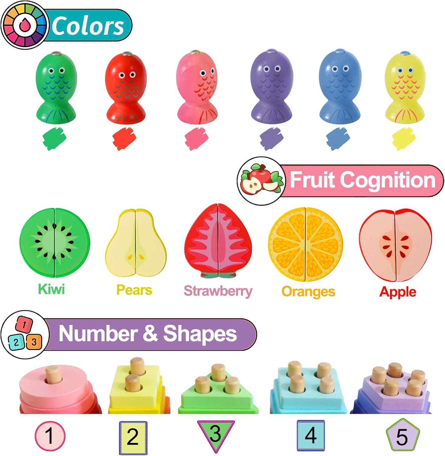 تطابق الاشكال و صيد الاسماك مزودة باشكال الفواكة الخشبية 3in1 - KIDSBOX