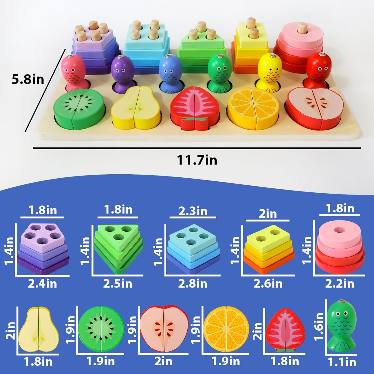 تطابق الاشكال و صيد الاسماك مزودة باشكال الفواكة الخشبية 3in1 - KIDSBOX
