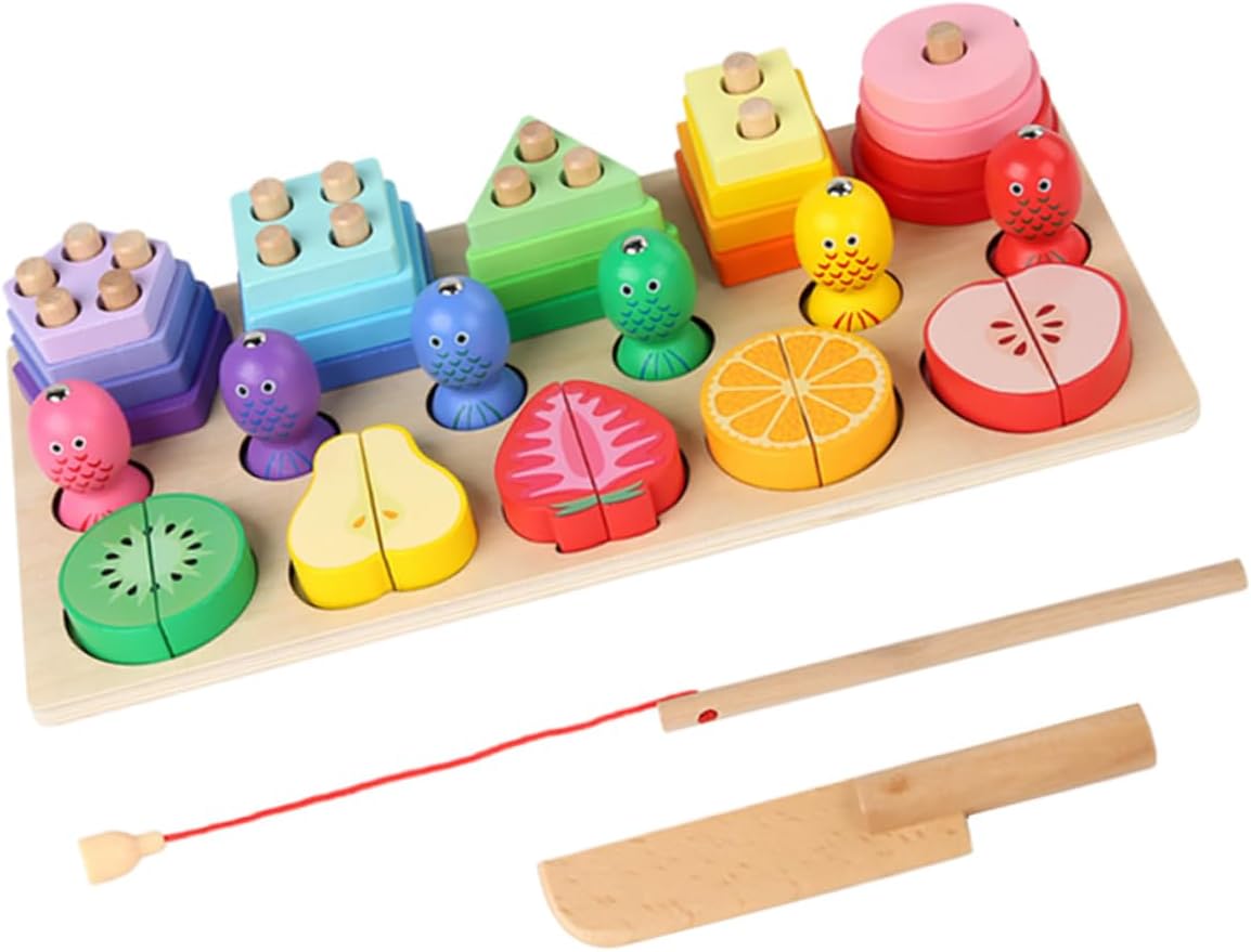 تطابق الاشكال و صيد الاسماك مزودة باشكال الفواكة الخشبية 3in1 - KIDSBOX